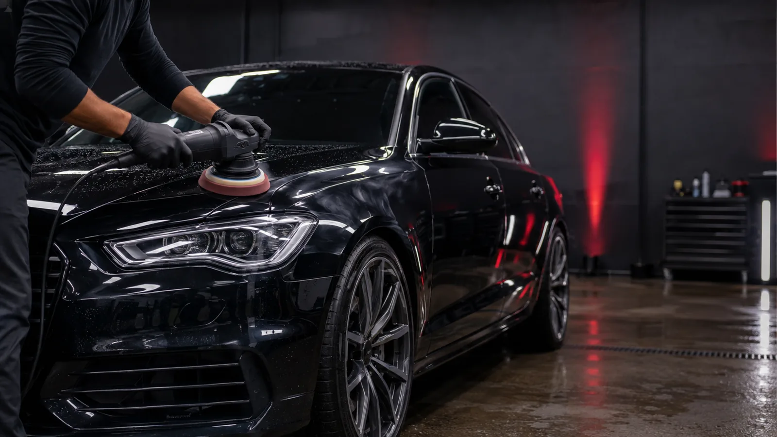 Black performance car being polished in a professional detailing bay