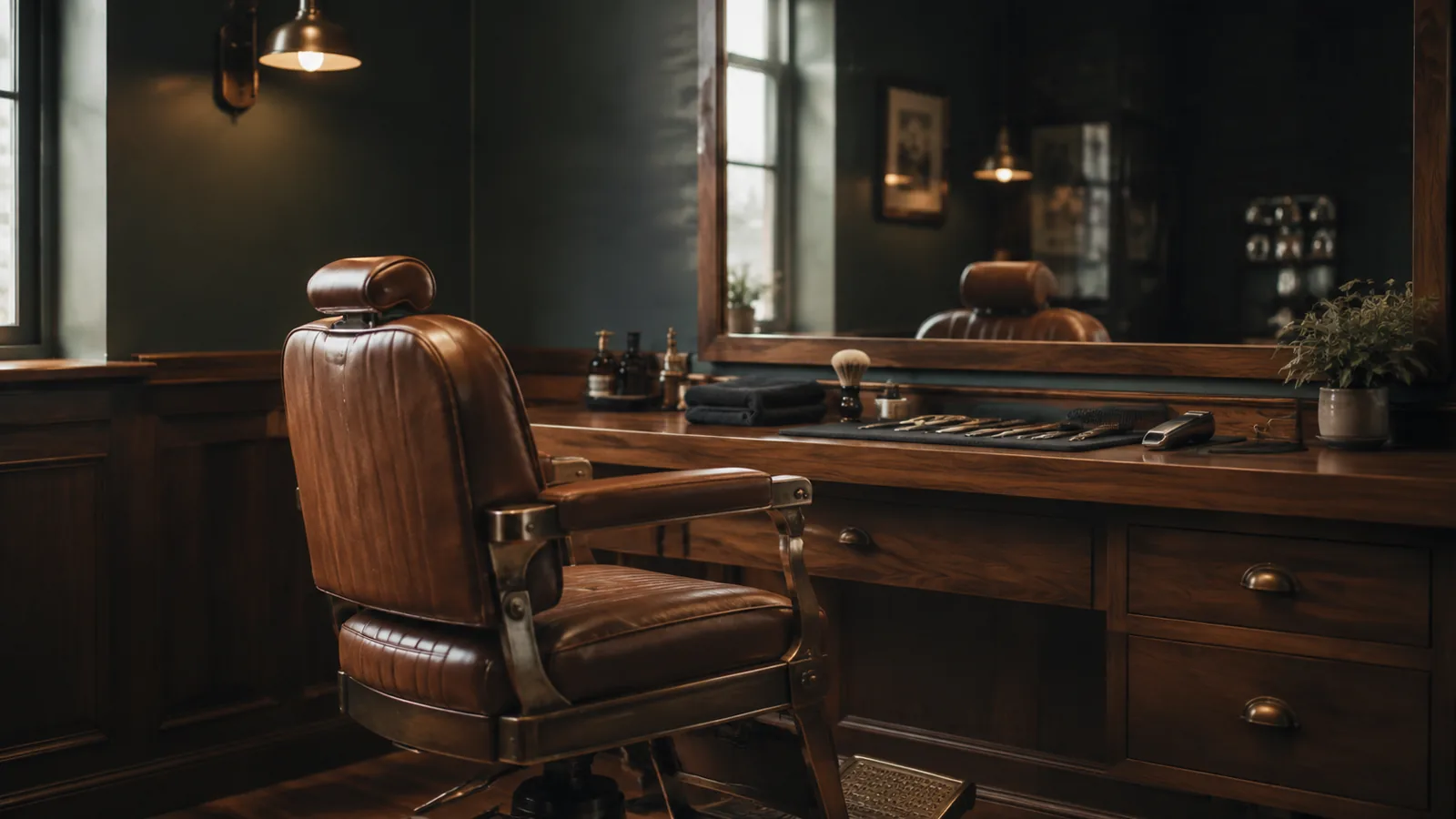 Warm modern-classic neighborhood barbershop interior