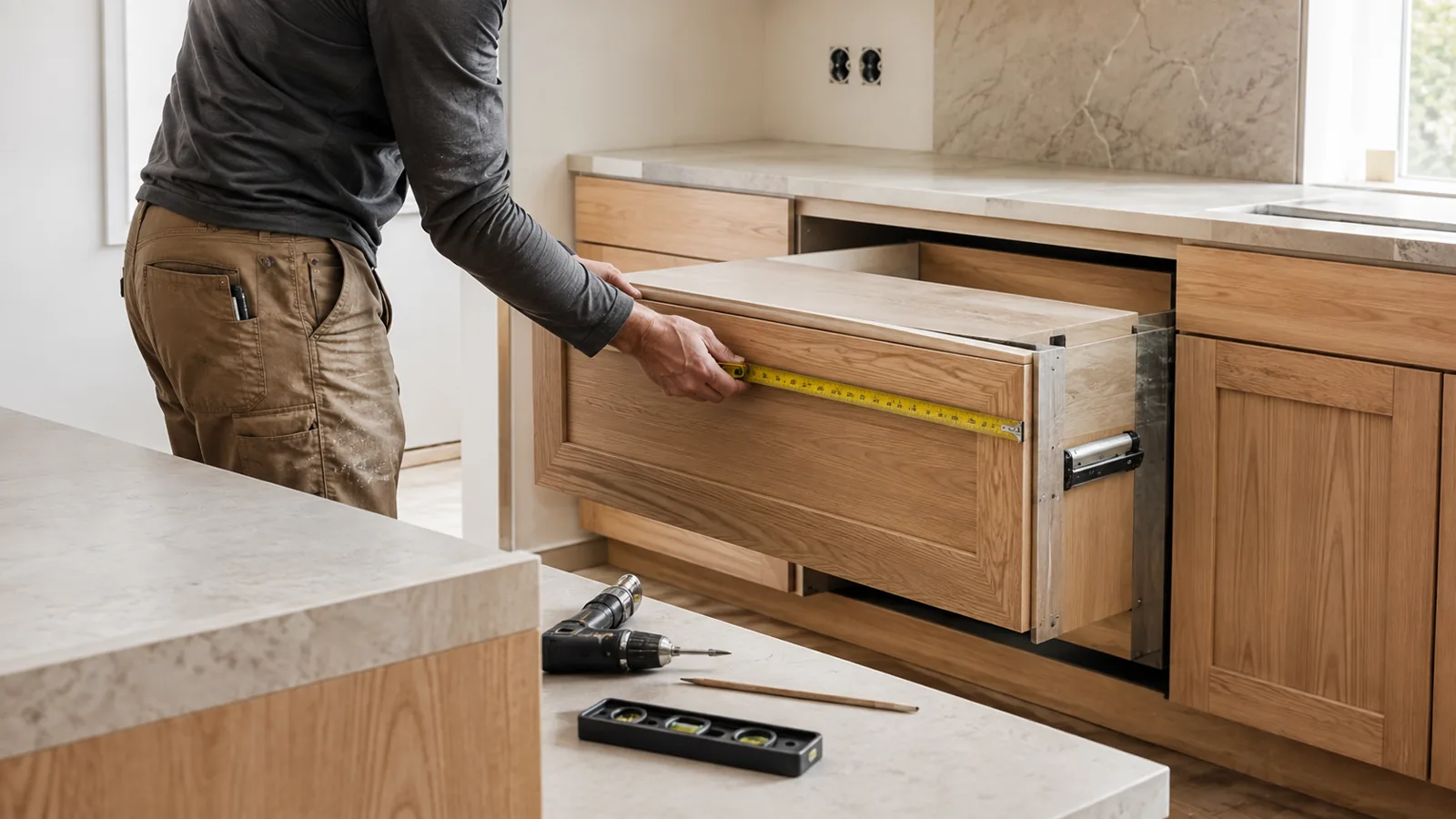 Craftsperson measuring warm oak cabinetry in a bright modern kitchen